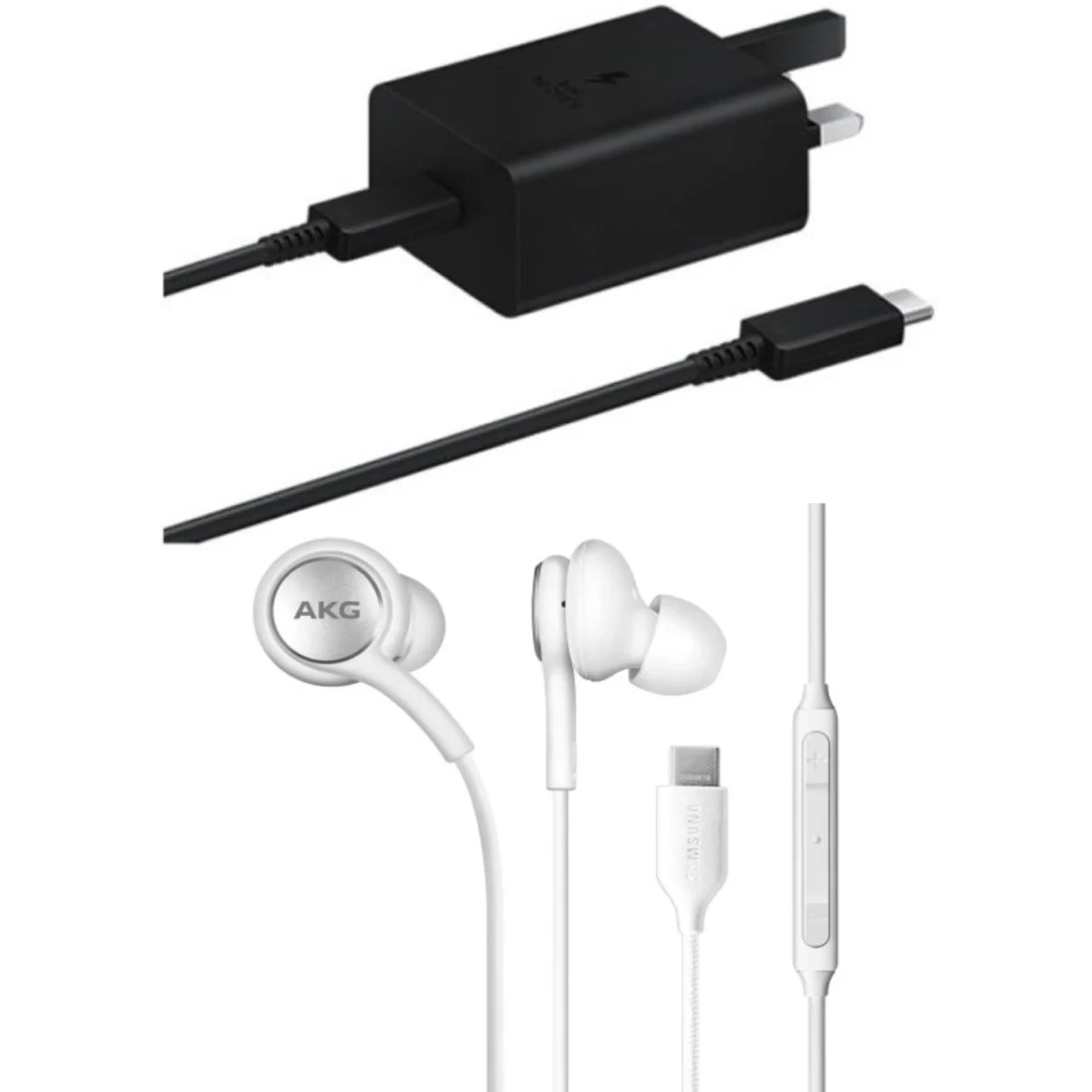 ⁦Samsung 45W USB-C Power Adapter + 2m C to C Cable(Black) + Type-C Wired Headset (White)⁩ - الصورة ⁦1⁩