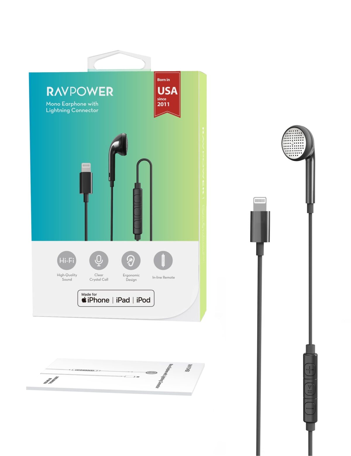 ⁦RAVPower RP-BH1004 Mono Earphone Lightning-Connector Black⁩ - الصورة ⁦1⁩